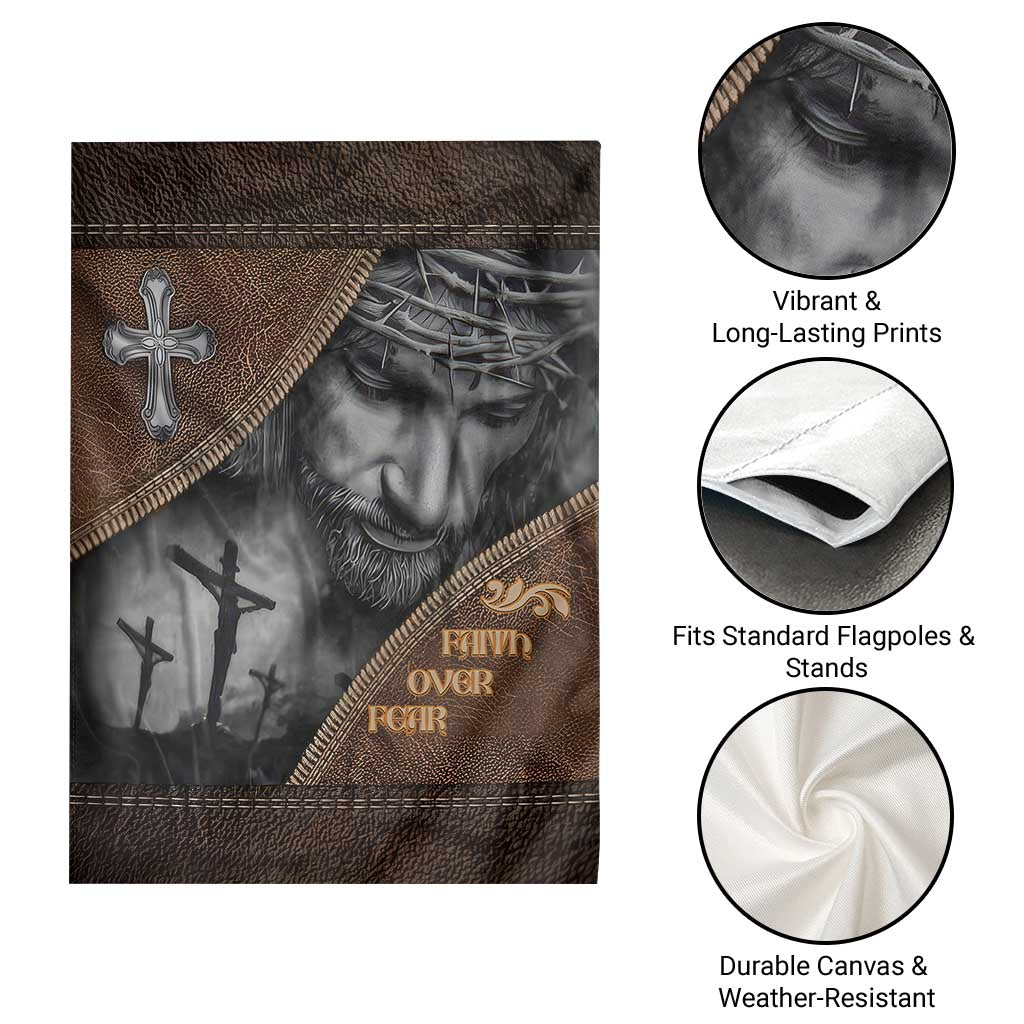 Faith Over Fear Rustic Christian Garden Flag Jesus Cross Black and Brown Leather Style Effect TS02 Print Your Wear