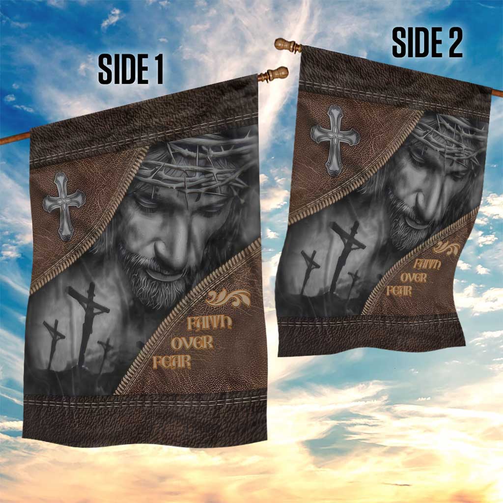 Faith Over Fear Rustic Christian Garden Flag Jesus Cross Black and Brown Leather Style Effect TS02 Print Your Wear