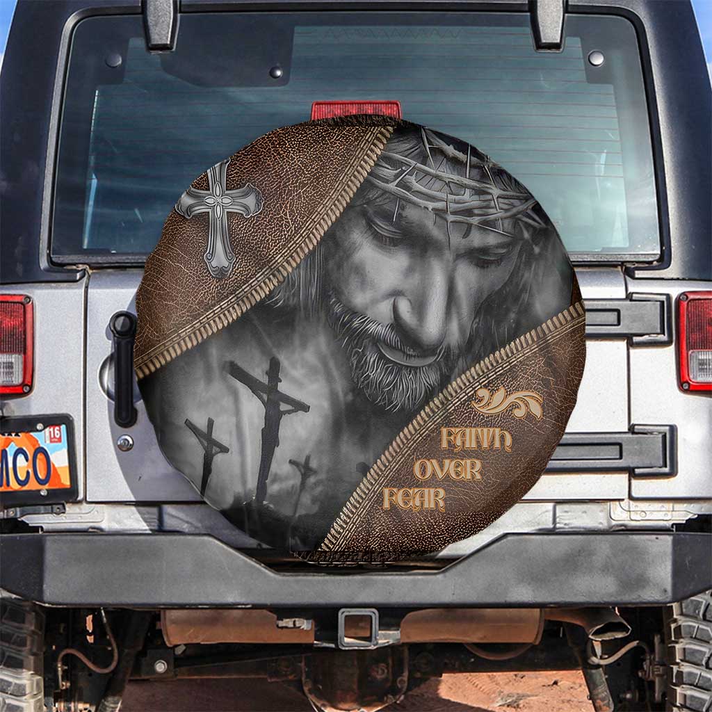 Faith Over Fear Rustic Christian Spare Tire Cover Jesus Cross Black and Brown Leather Style Effect TS02 No hole Multicolor Print Your Wear