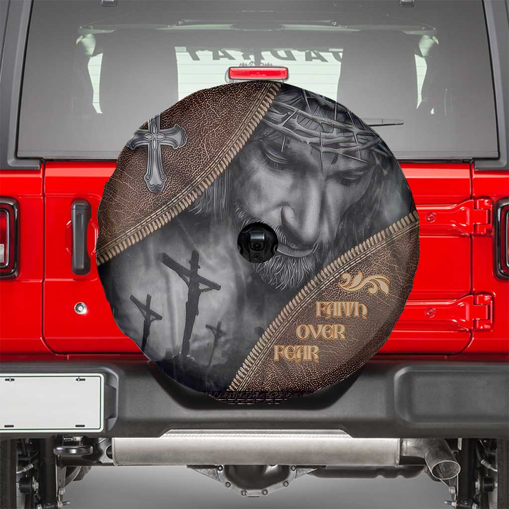 Faith Over Fear Rustic Christian Spare Tire Cover Jesus Cross Black and Brown Leather Style Effect TS02 Multicolor Print Your Wear