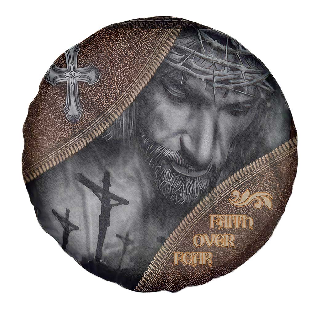 Faith Over Fear Rustic Christian Spare Tire Cover Jesus Cross Black and Brown Leather Style Effect TS02 Print Your Wear