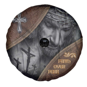 Faith Over Fear Rustic Christian Spare Tire Cover Jesus Cross Black and Brown Leather Style Effect TS02 Print Your Wear