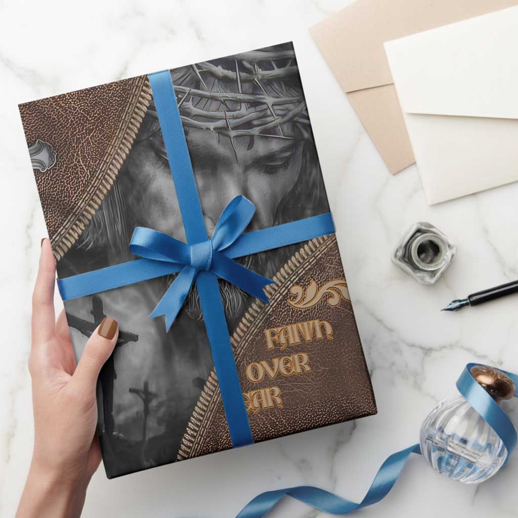 Faith Over Fear Rustic Christian Wrapping Paper Roll Jesus Cross Black and Brown Leather Style Effect TS02 Print Your Wear