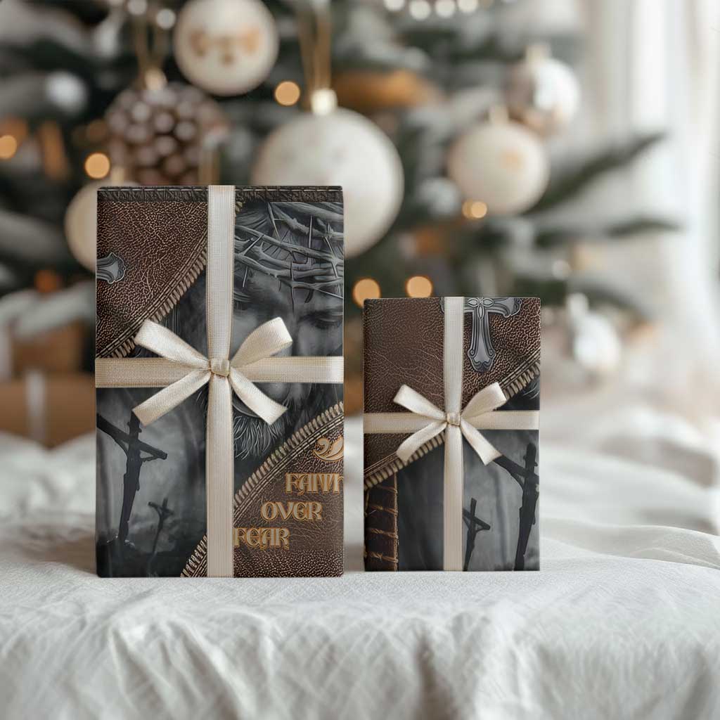 Faith Over Fear Rustic Christian Wrapping Paper Roll Jesus Cross Black and Brown Leather Style Effect TS02 Print Your Wear