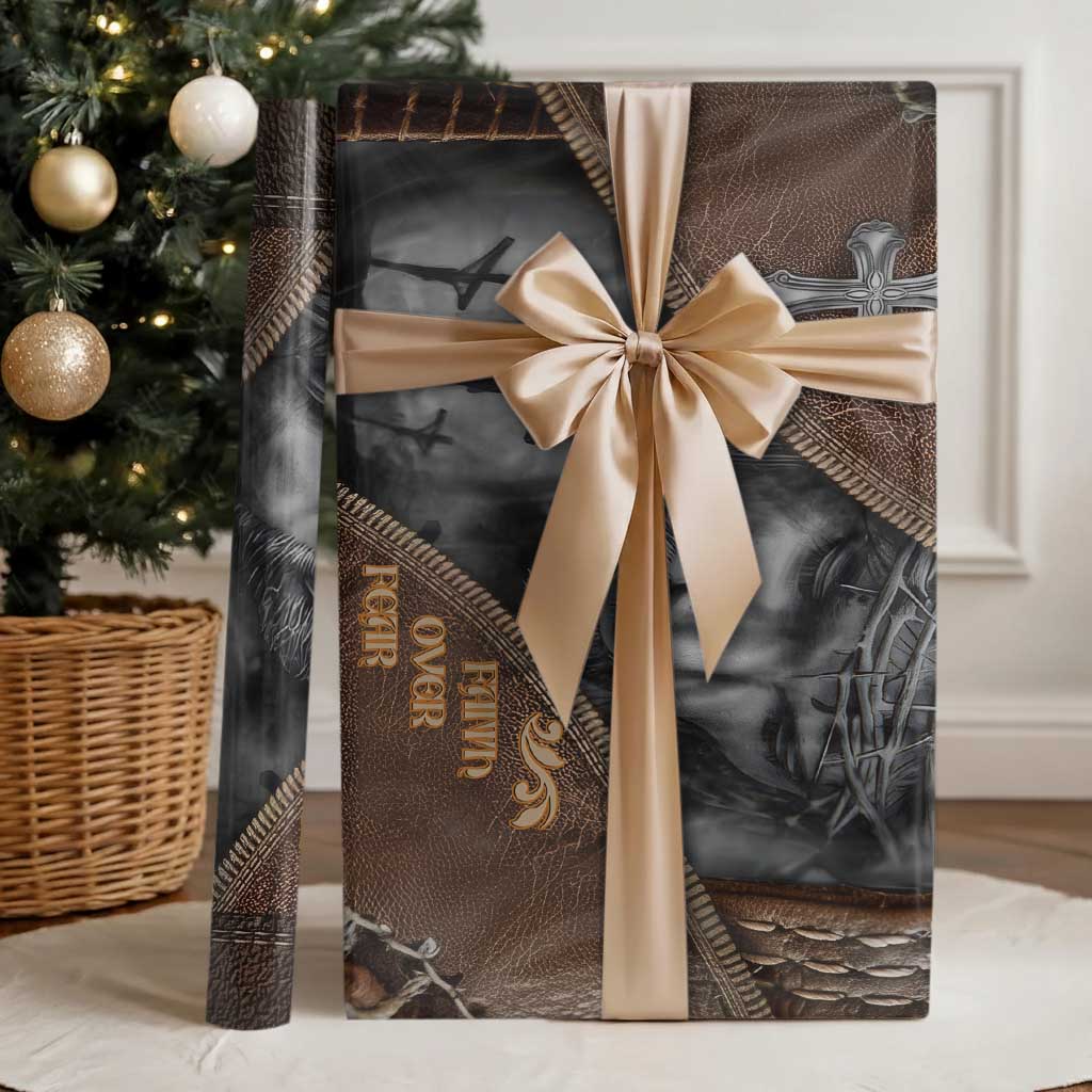 Faith Over Fear Rustic Christian Wrapping Paper Roll Jesus Cross Black and Brown Leather Style Effect TS02 Glossy Multicolor Print Your Wear