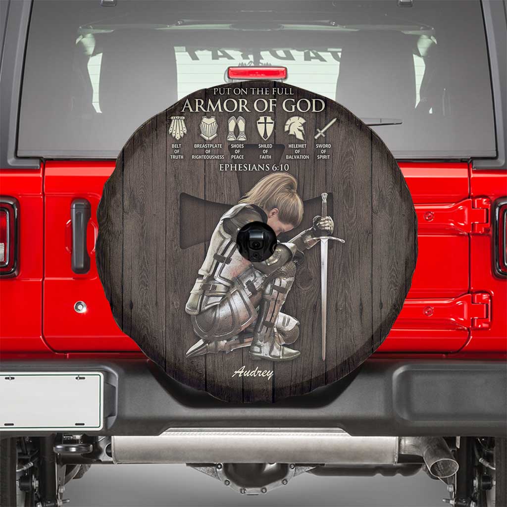 Personalized Armor of God Christian Wooden Style Spare Tire Cover Ephesians 6:10 Scripture Faith Gift for Women TS02 Rusitc Oak Print Your Wear