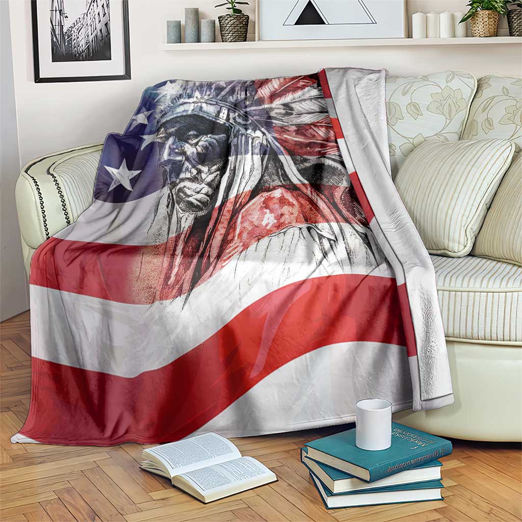 Patriotic Native American Chief Feather Headdress Throw Blanket Indigenous Pride USA Flag Heritage Gift TS02 Print Your Wear