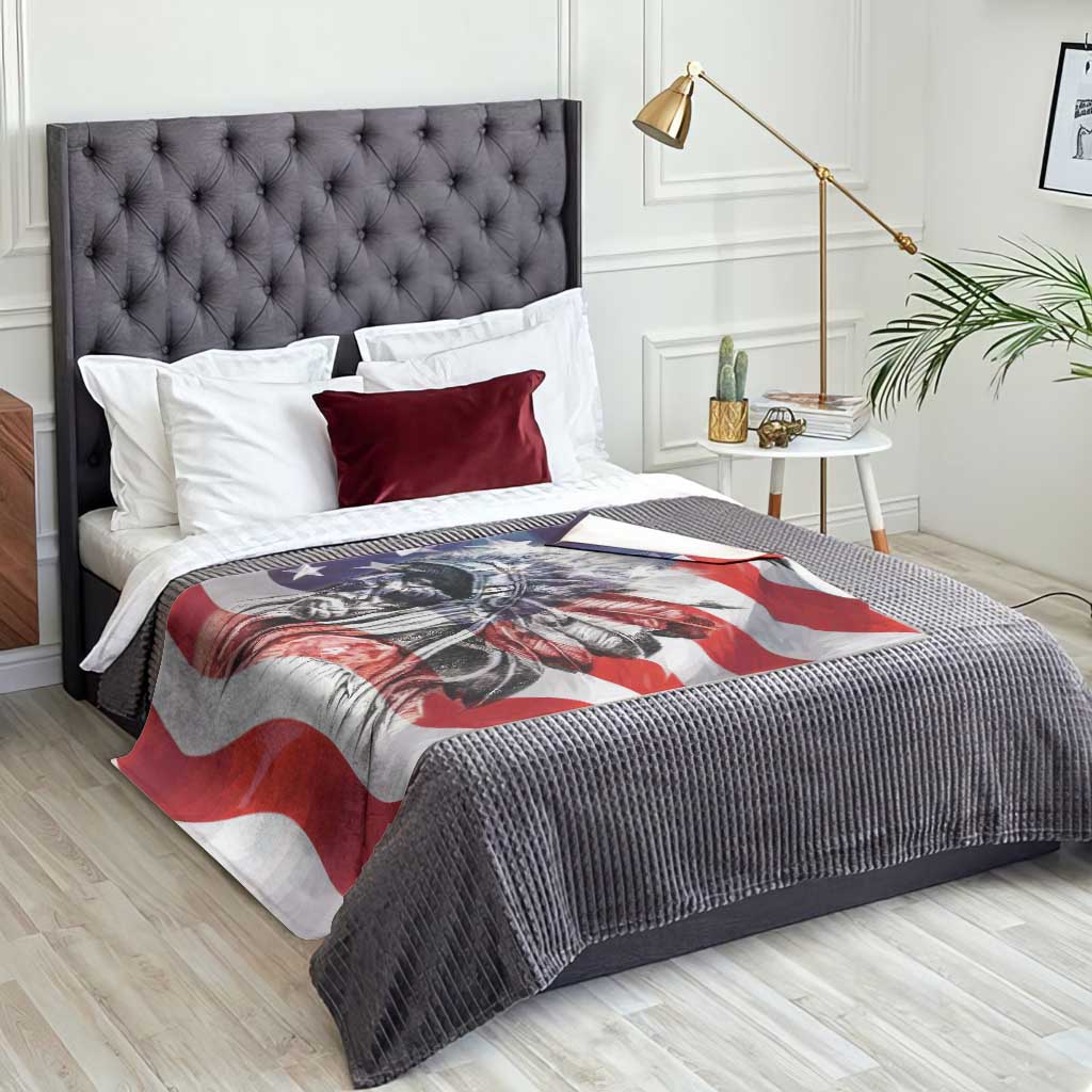 Patriotic Native American Chief Feather Headdress Throw Blanket Indigenous Pride USA Flag Heritage Gift TS02 Print Your Wear