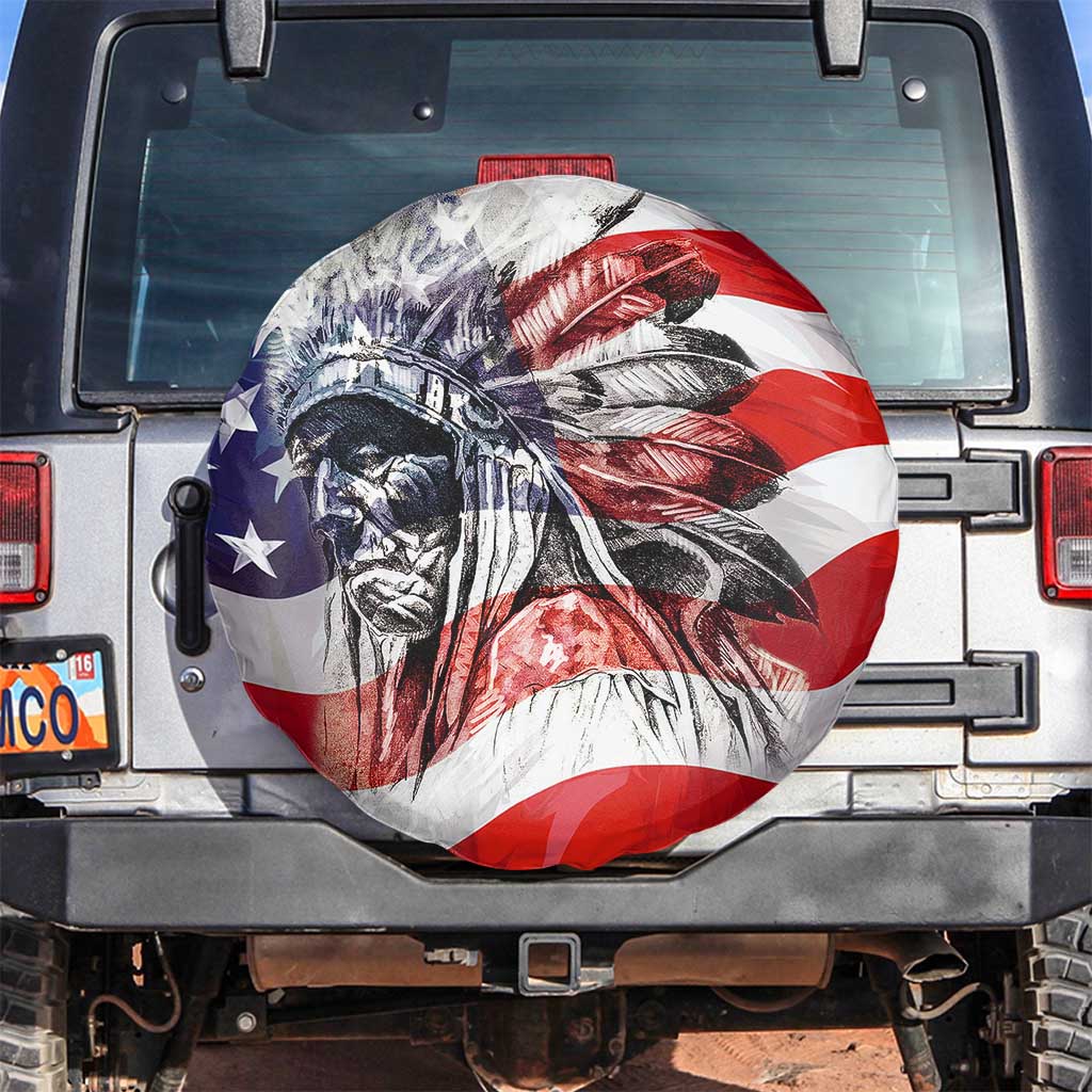 Patriotic Native American Chief Feather Headdress Spare Tire Cover Indigenous Pride USA Flag Heritage Gift TS02 No hole American Flag Print Your Wear