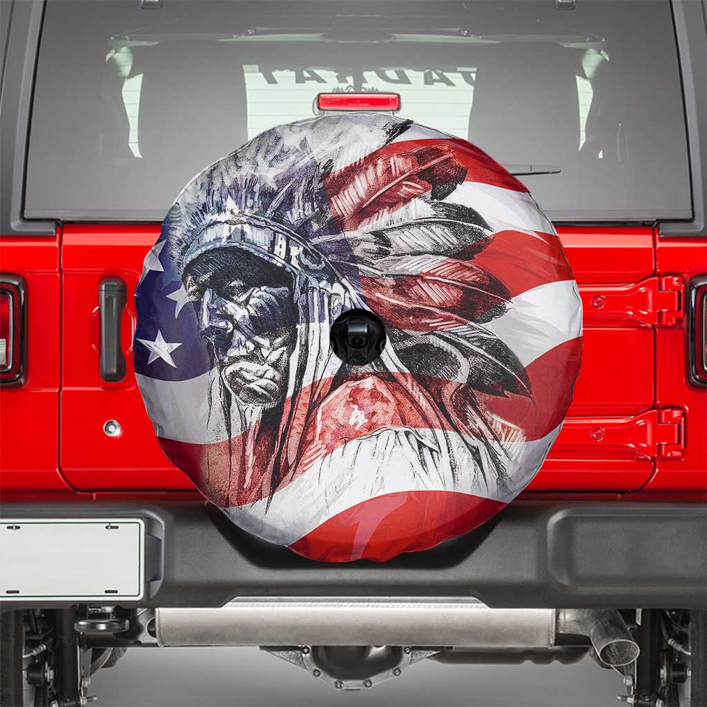 Patriotic Native American Chief Feather Headdress Spare Tire Cover Indigenous Pride USA Flag Heritage Gift TS02 American Flag Print Your Wear