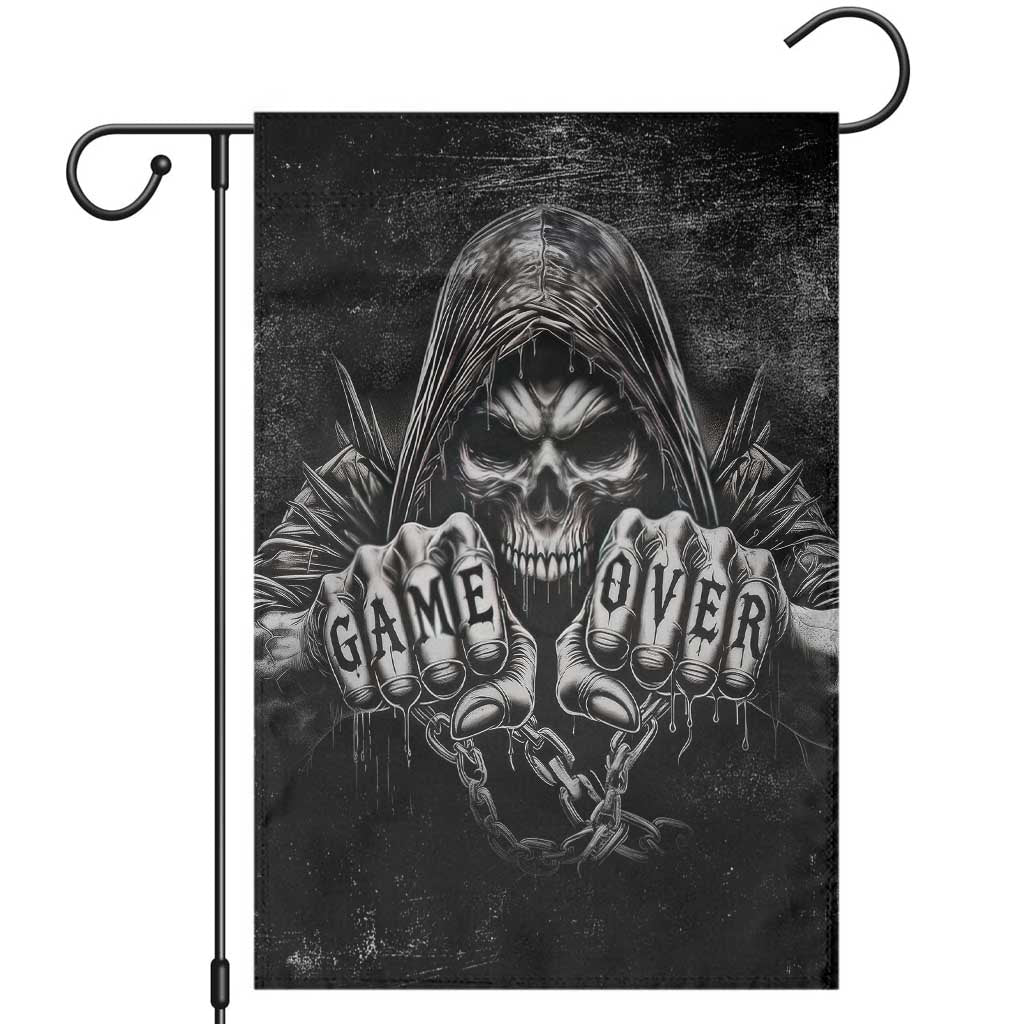 Grim Reaper Game Over Skeletal Fists Garden Flag Badass Gothic Biker Skull Dark Fantasy Offroad Decor TS02 Distressed Black Print Your Wear