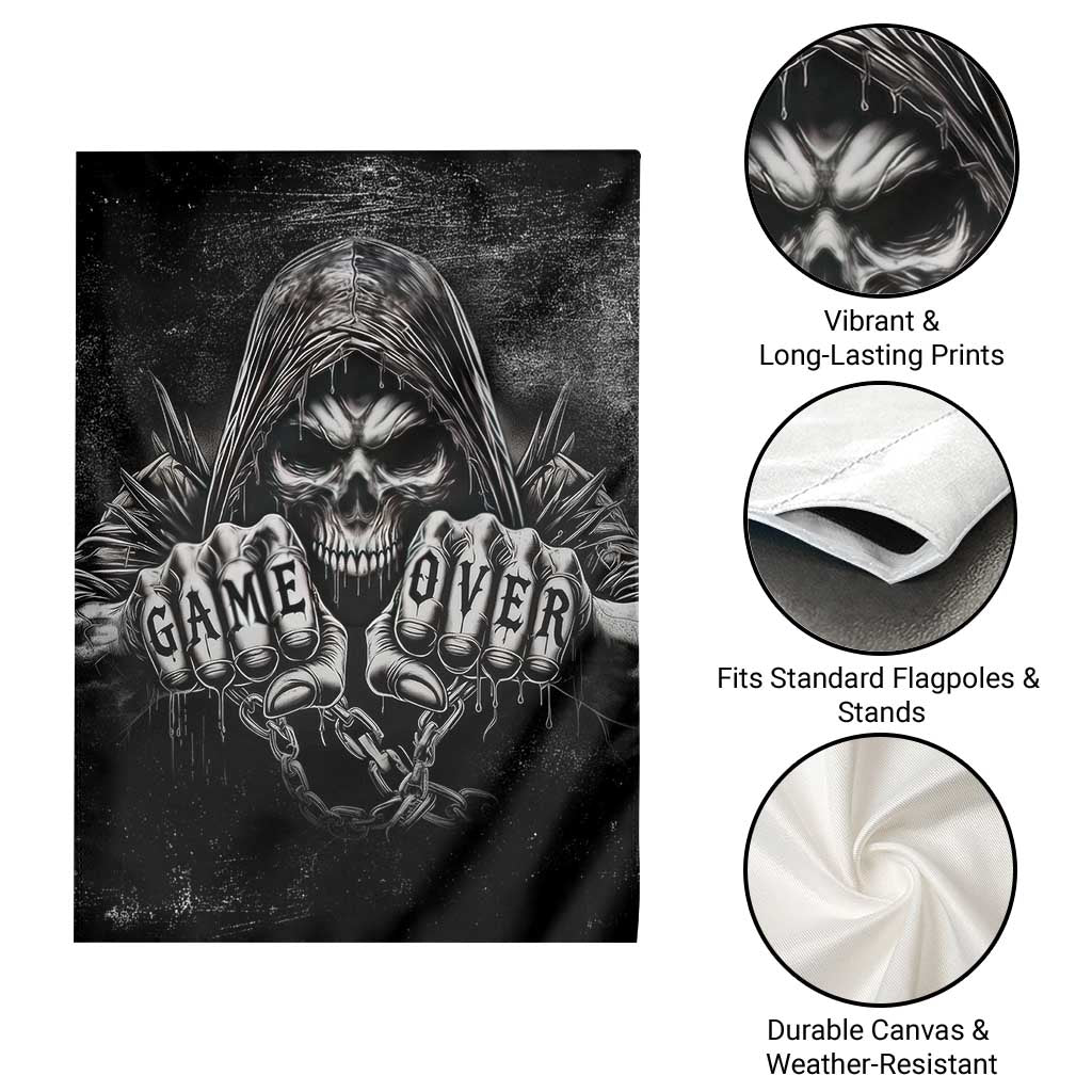 Grim Reaper Game Over Skeletal Fists Garden Flag Badass Gothic Biker Skull Dark Fantasy Offroad Decor TS02 Print Your Wear
