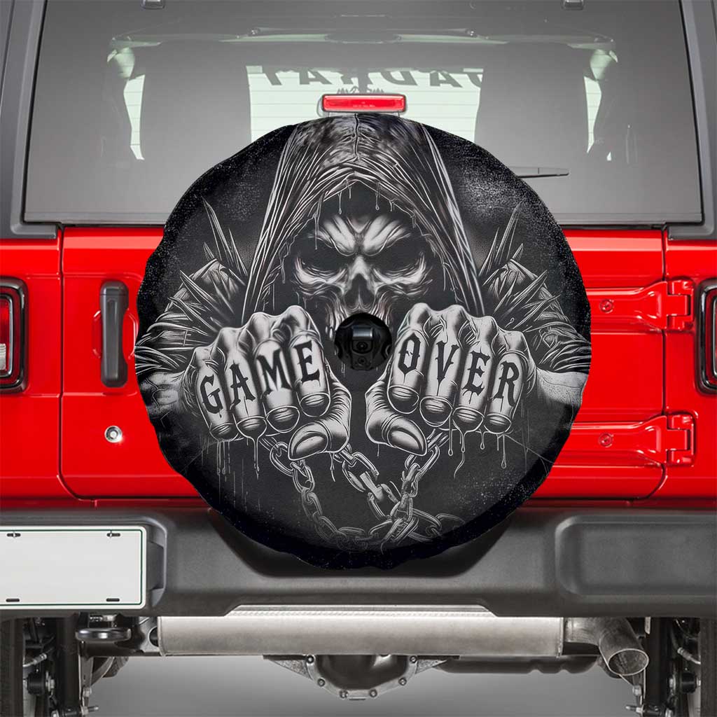 Grim Reaper Game Over Skeletal Fists Spare Tire Cover Badass Gothic Biker Skull Dark Fantasy Offroad Decor TS02 Distressed Black Print Your Wear