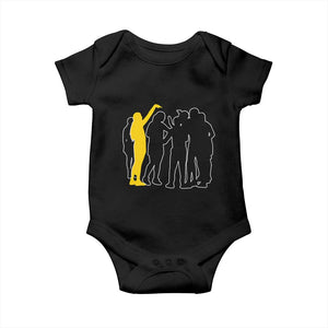 Viral Basketball Pointing Huddle Baby Onesie Funny Women Sports Culture Meme Yellow Silhouette Graphic TS02 Black Print Your Wear