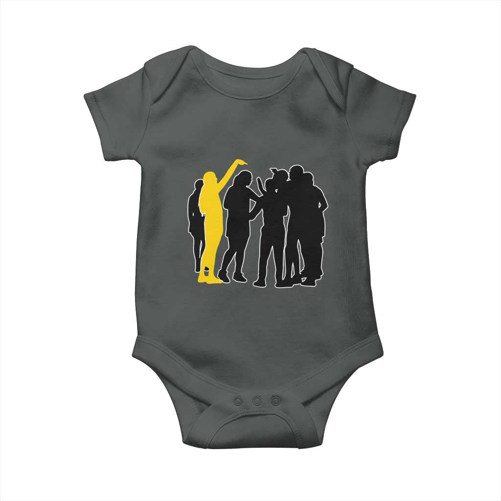 Viral Basketball Pointing Huddle Baby Onesie Funny Women Sports Culture Meme Yellow Silhouette Graphic TS02 Dark Heather Print Your Wear