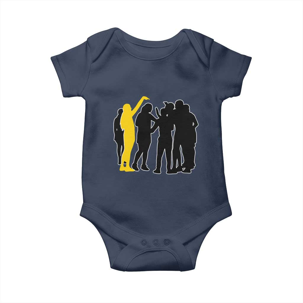 Viral Basketball Pointing Huddle Baby Onesie Funny Women Sports Culture Meme Yellow Silhouette Graphic TS02 Navy Print Your Wear