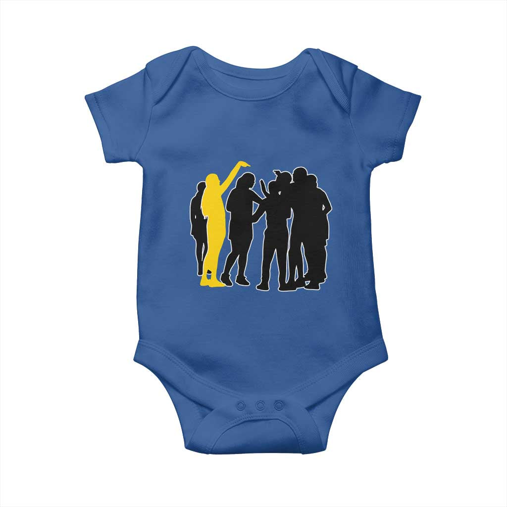 Viral Basketball Pointing Huddle Baby Onesie Funny Women Sports Culture Meme Yellow Silhouette Graphic TS02 Royal Blue Print Your Wear