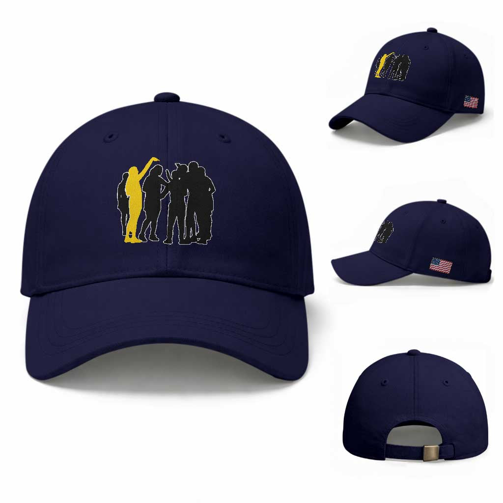 Viral Basketball Pointing Huddle Baseball Cap Funny Women Sports Culture Meme Yellow Silhouette Graphic TS02 Baseball Cap Universal Fit Dark Blue Print Your Wear