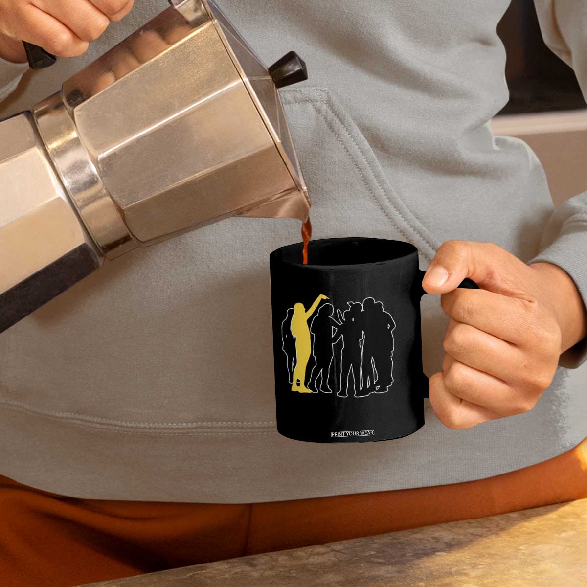 Viral Basketball Pointing Huddle Coffee Mug Funny Women Sports Culture Meme Yellow Silhouette Graphic TS02 Print Your Wear