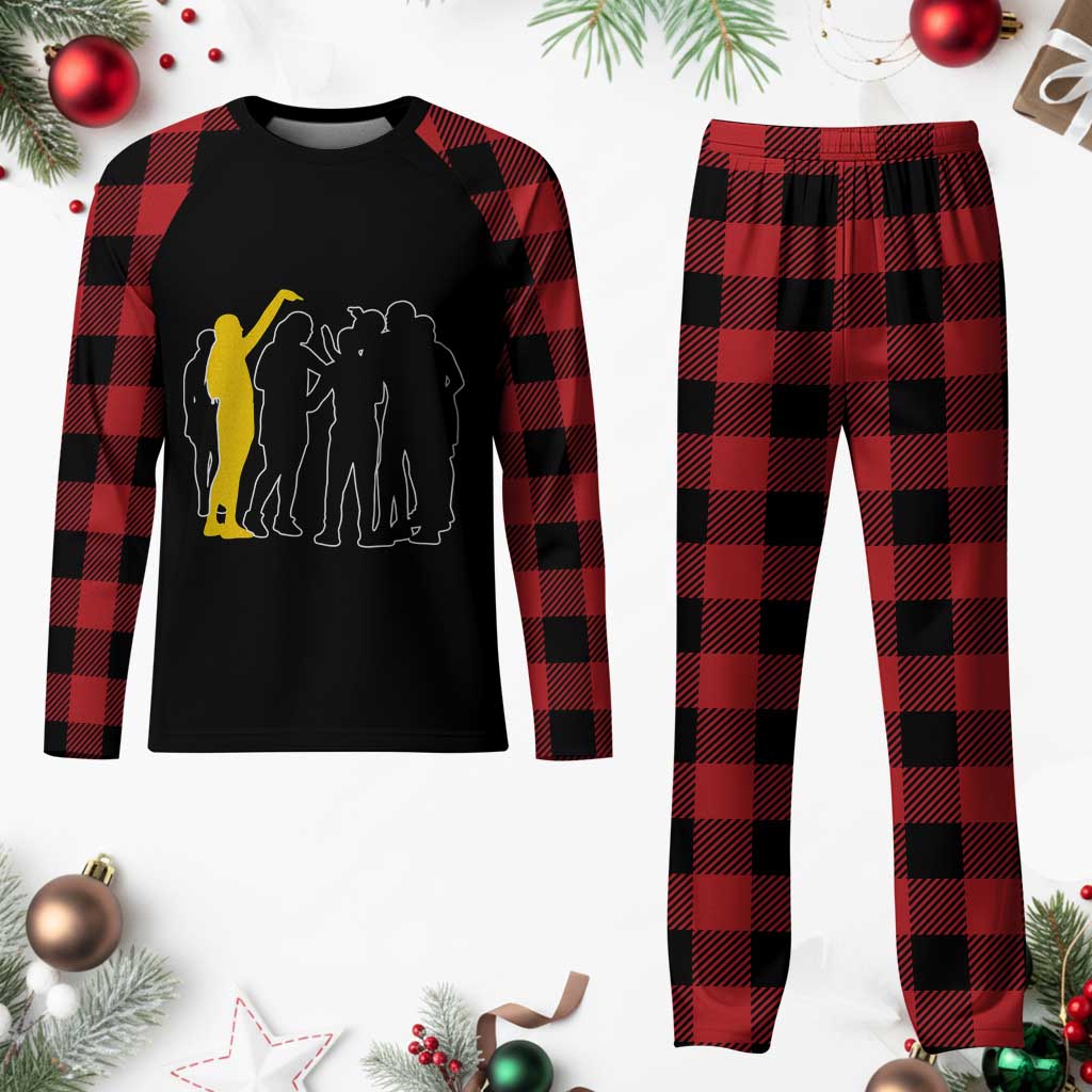 Viral Basketball Pointing Huddle Plaid Pajama Set Funny Women Sports Culture Meme Yellow Silhouette Graphic TS02 Buffalo Plaid Print Your Wear