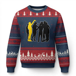 Viral Basketball Pointing Huddle Ugly Christmas Sweater Funny Women Sports Culture Meme Yellow Silhouette Graphic TS02 Navy Red Print Your Wear