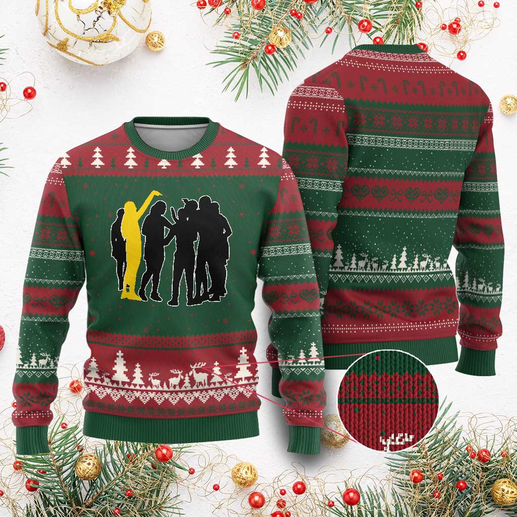 Viral Basketball Pointing Huddle Ugly Christmas Sweater Funny Women Sports Culture Meme Yellow Silhouette Graphic TS02 Red Green Print Your Wear