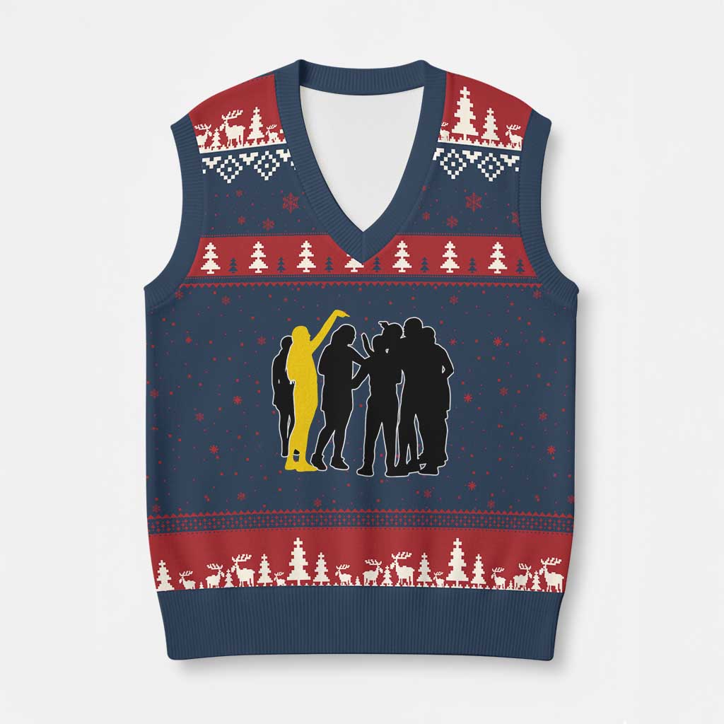 Viral Basketball Pointing Huddle V-Neck Knit Sweater Vest Funny Women Sports Culture Meme Yellow Silhouette Graphic TS02 Navy Red Print Your Wear