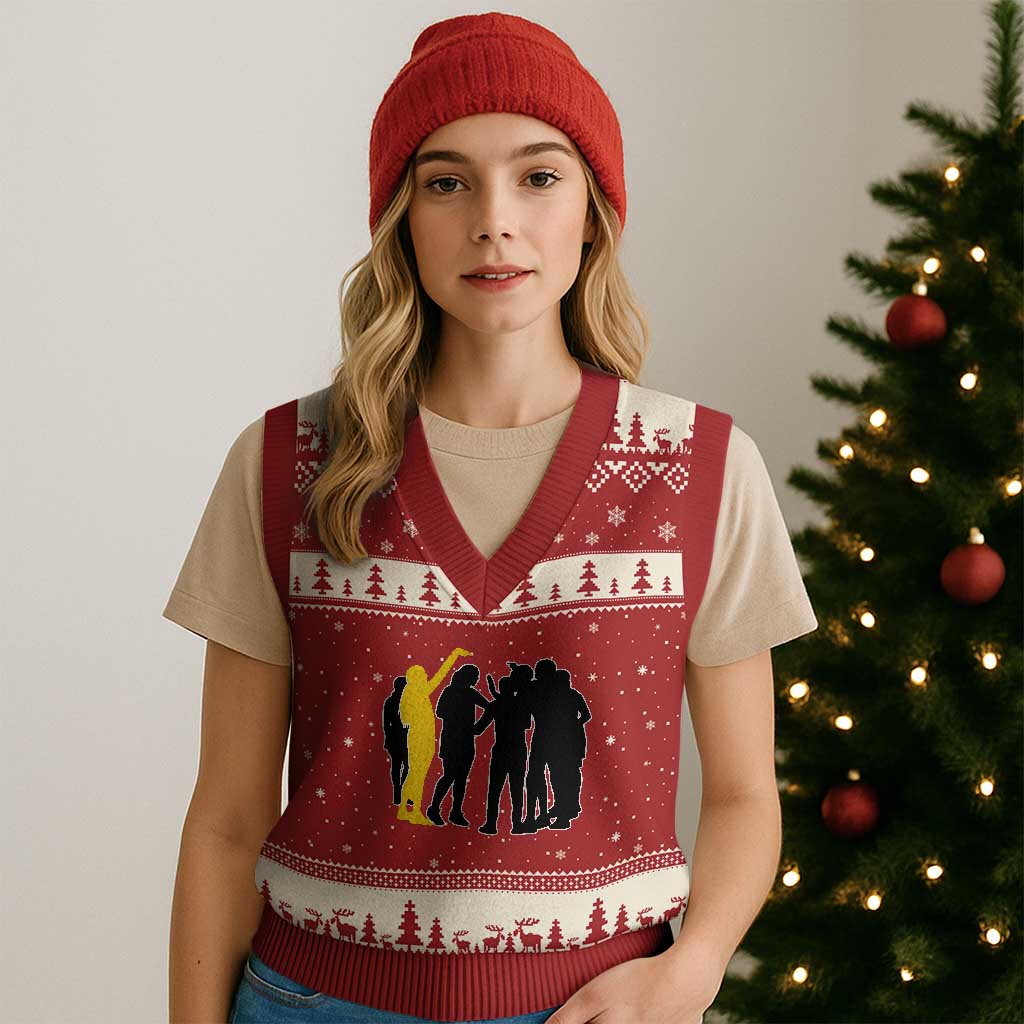 Viral Basketball Pointing Huddle V-Neck Knit Sweater Vest Funny Women Sports Culture Meme Yellow Silhouette Graphic TS02 Red Beige Print Your Wear