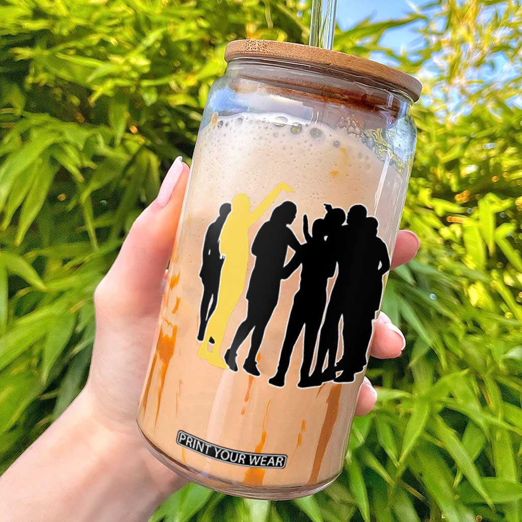 Viral Basketball Pointing Huddle Glass Can Funny Women Sports Culture Meme Yellow Silhouette Graphic TS02 Black Print Your Wear