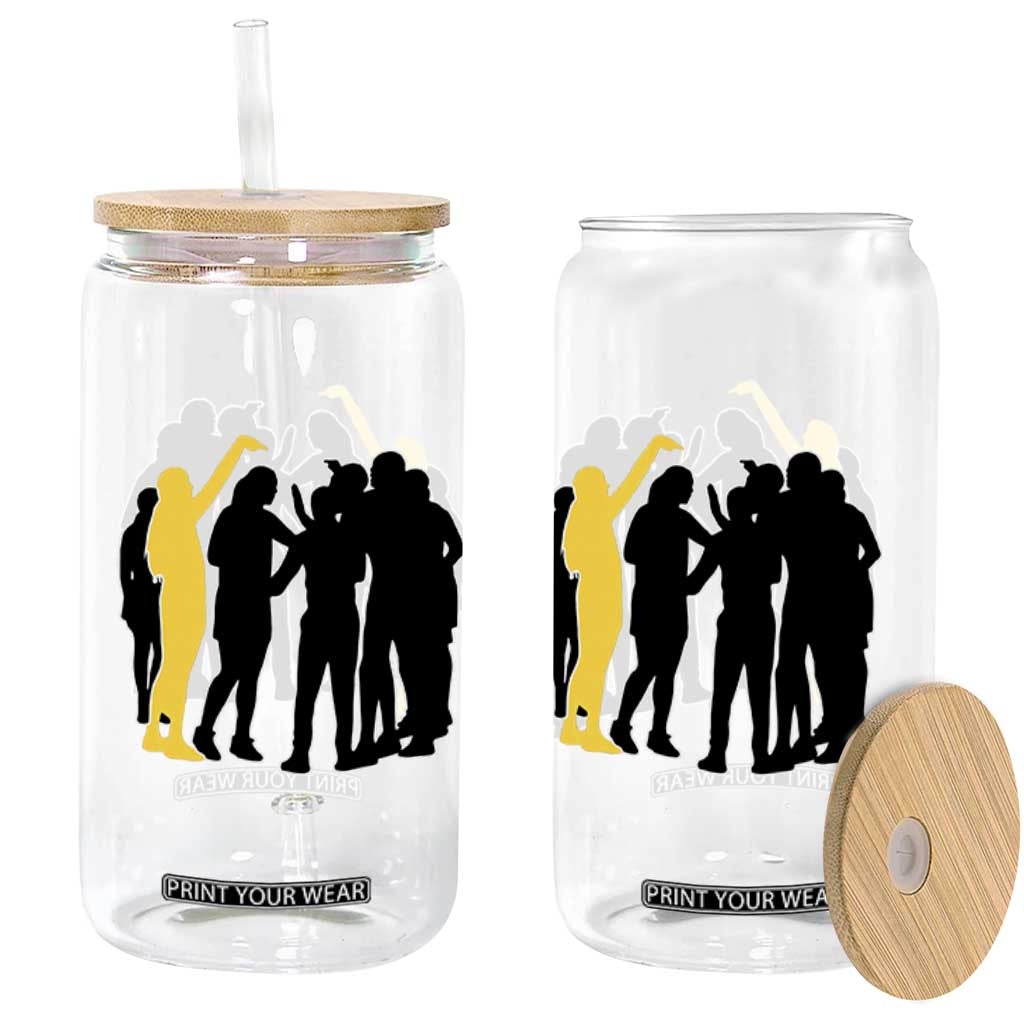 Viral Basketball Pointing Huddle Glass Can Funny Women Sports Culture Meme Yellow Silhouette Graphic TS02 Print Your Wear