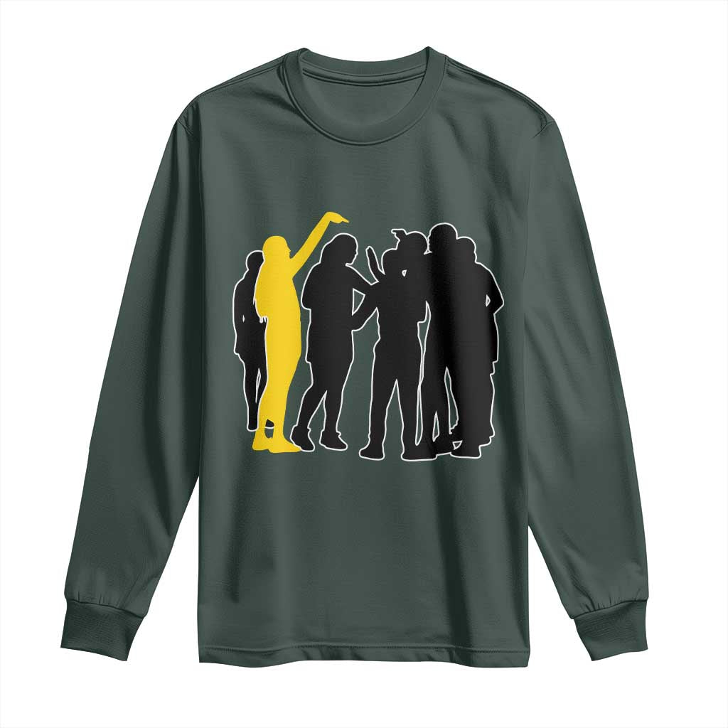 Viral Basketball Pointing Huddle Long Sleeve Shirt Funny Women Sports Culture Meme Yellow Silhouette Graphic TS02 Dark Forest Green Print Your Wear