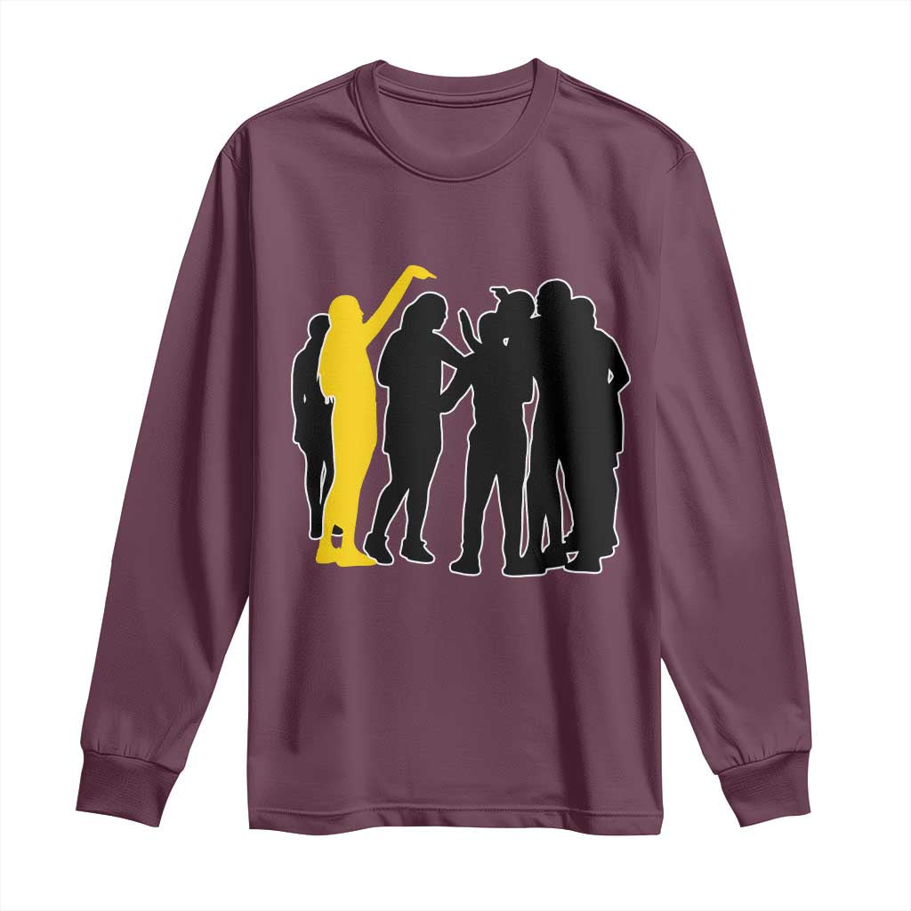 Viral Basketball Pointing Huddle Long Sleeve Shirt Funny Women Sports Culture Meme Yellow Silhouette Graphic TS02 Maroon Print Your Wear