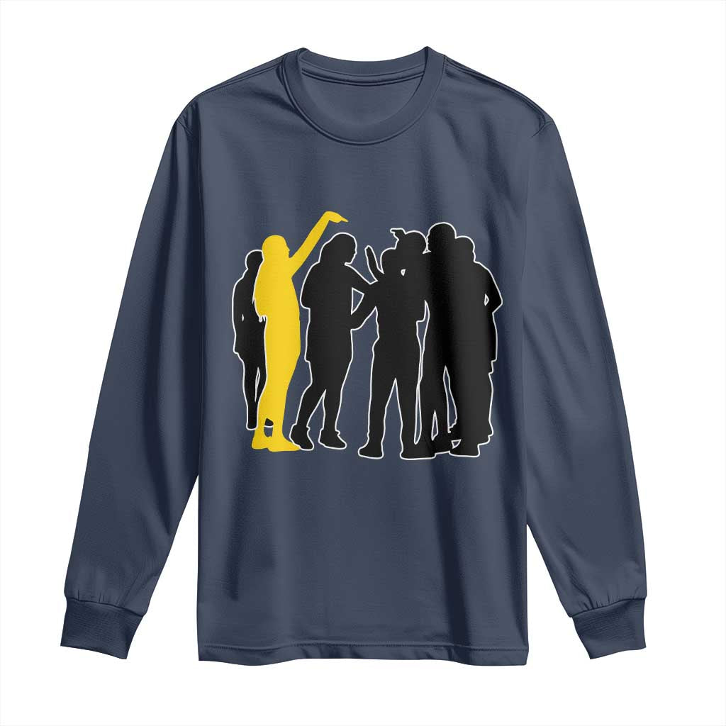 Viral Basketball Pointing Huddle Long Sleeve Shirt Funny Women Sports Culture Meme Yellow Silhouette Graphic TS02 Navy Print Your Wear