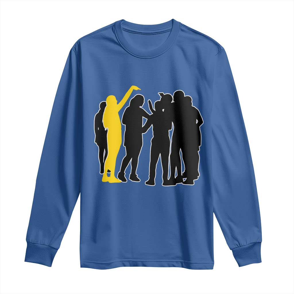 Viral Basketball Pointing Huddle Long Sleeve Shirt Funny Women Sports Culture Meme Yellow Silhouette Graphic TS02 Royal Blue Print Your Wear