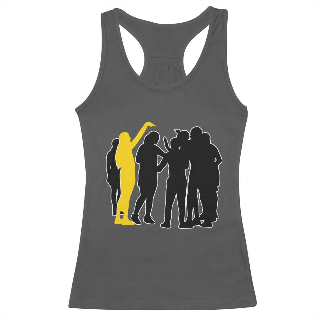 Viral Basketball Pointing Huddle Racerback Tank Top Funny Women Sports Culture Meme Yellow Silhouette Graphic TS02 Dark Heather Print Your Wear
