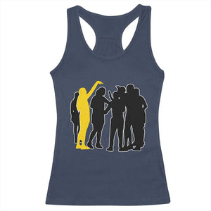 Viral Basketball Pointing Huddle Racerback Tank Top Funny Women Sports Culture Meme Yellow Silhouette Graphic TS02 Navy Print Your Wear