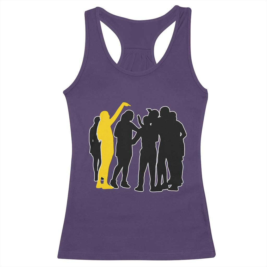 Viral Basketball Pointing Huddle Racerback Tank Top Funny Women Sports Culture Meme Yellow Silhouette Graphic TS02 Purple Print Your Wear