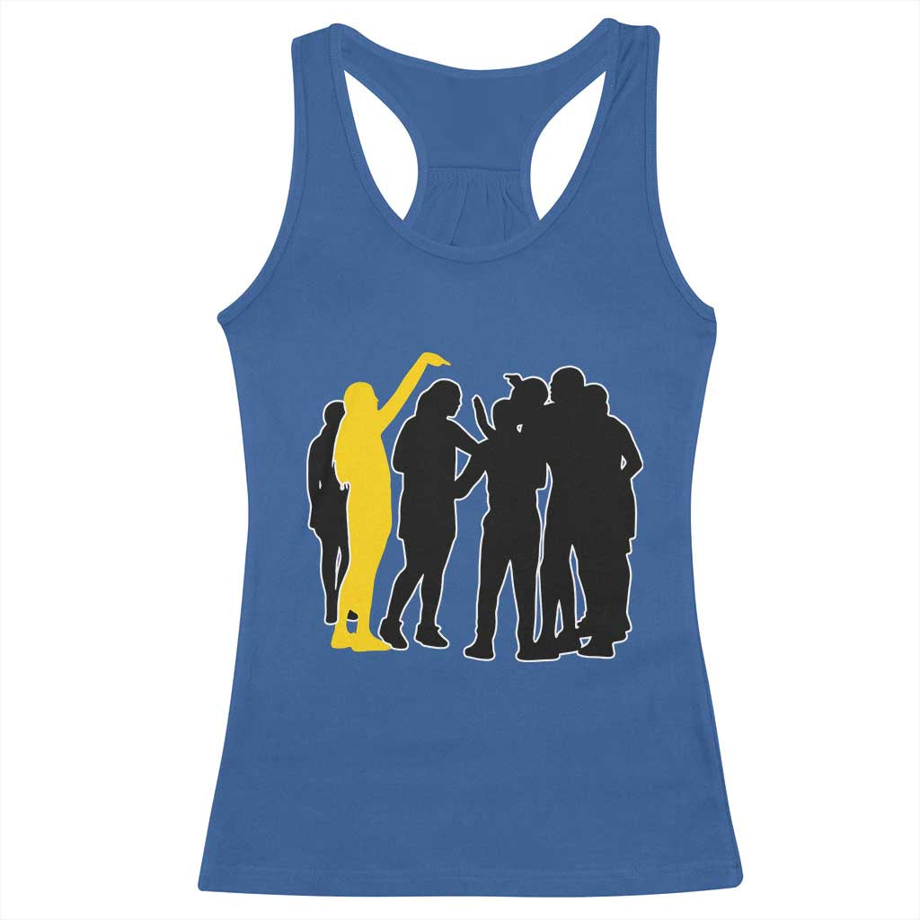 Viral Basketball Pointing Huddle Racerback Tank Top Funny Women Sports Culture Meme Yellow Silhouette Graphic TS02 Royal Blue Print Your Wear