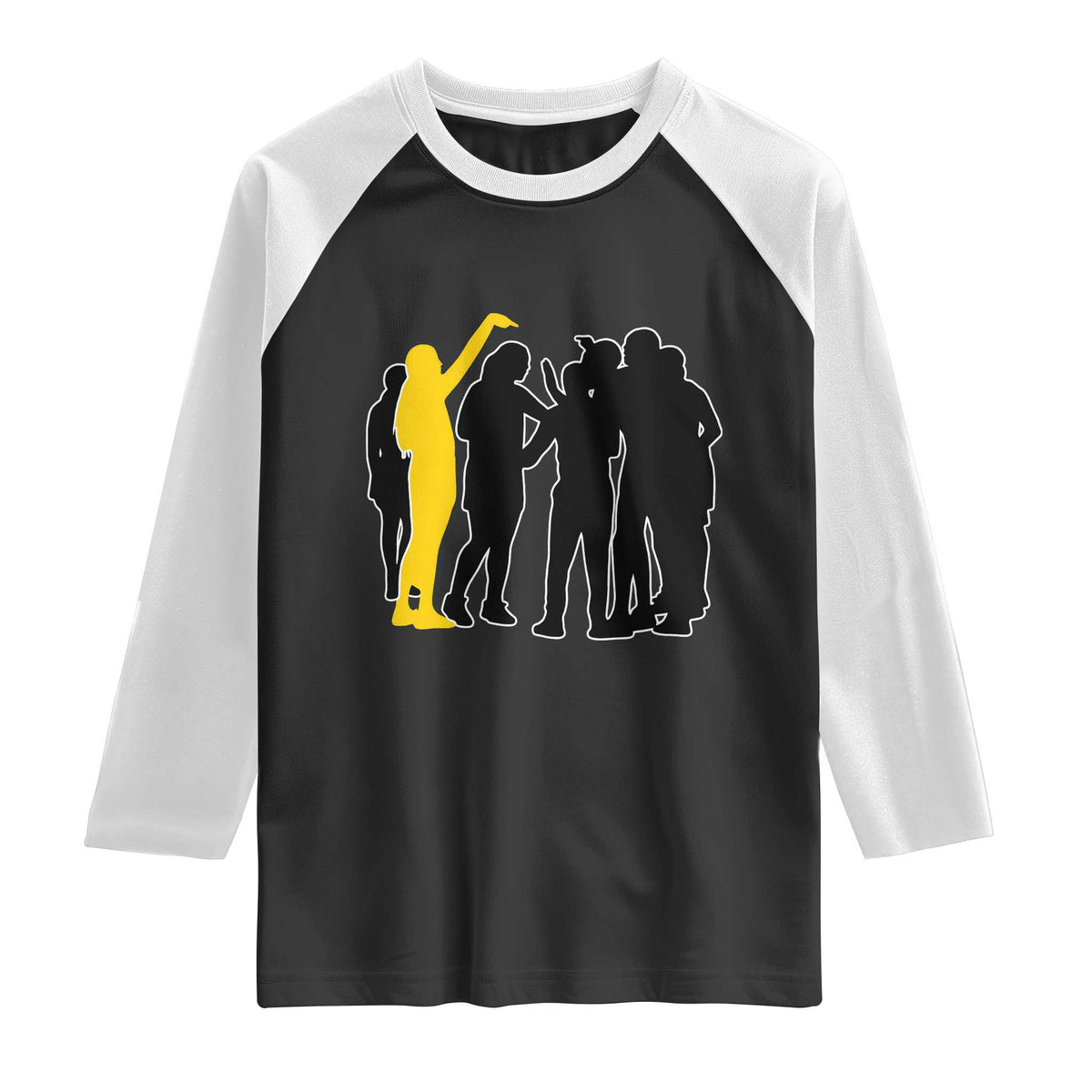 Viral Basketball Pointing Huddle Raglan Shirt Funny Women Sports Culture Meme Yellow Silhouette Graphic TS02 Black White Print Your Wear