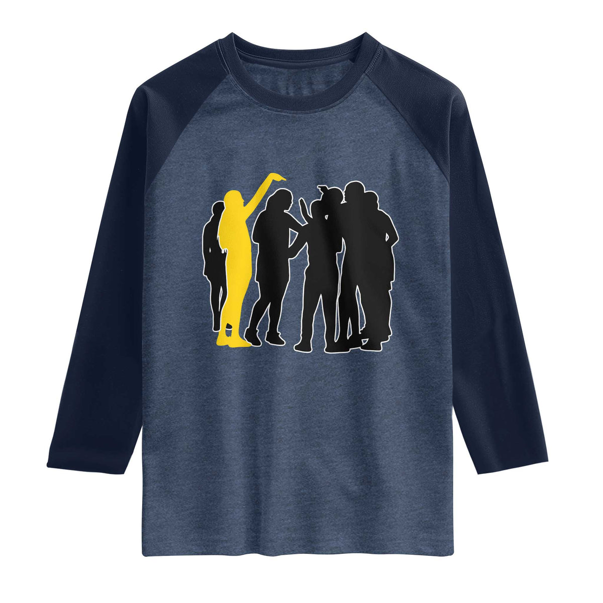 Viral Basketball Pointing Huddle Raglan Shirt Funny Women Sports Culture Meme Yellow Silhouette Graphic TS02 Heather Denim Navy Print Your Wear