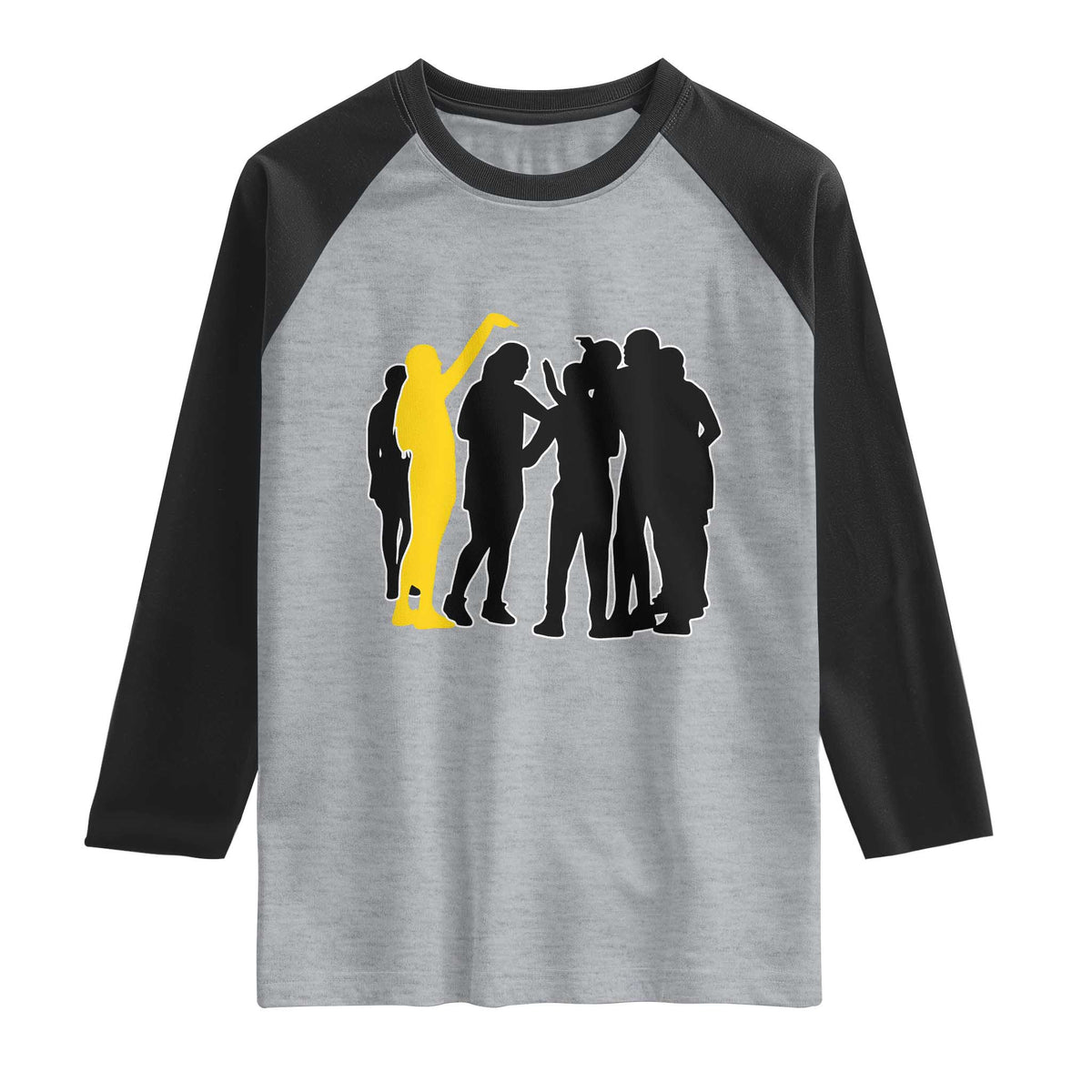 Viral Basketball Pointing Huddle Raglan Shirt Funny Women Sports Culture Meme Yellow Silhouette Graphic TS02 Heather Gray Black Print Your Wear
