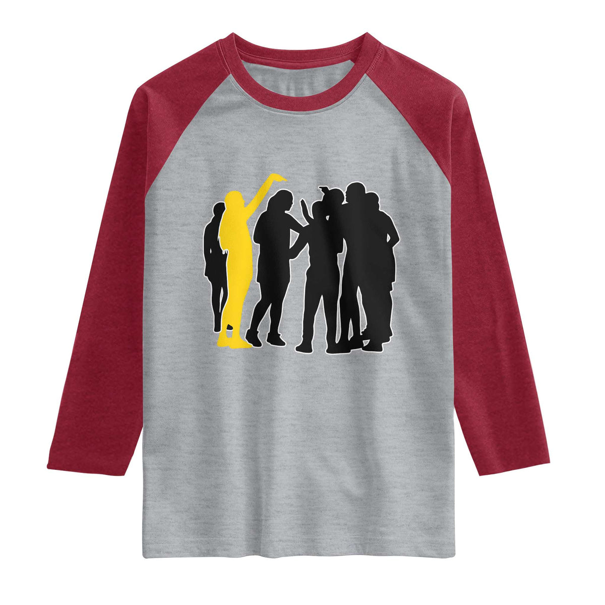 Viral Basketball Pointing Huddle Raglan Shirt Funny Women Sports Culture Meme Yellow Silhouette Graphic TS02 Heather Gray Heather Red Print Your Wear