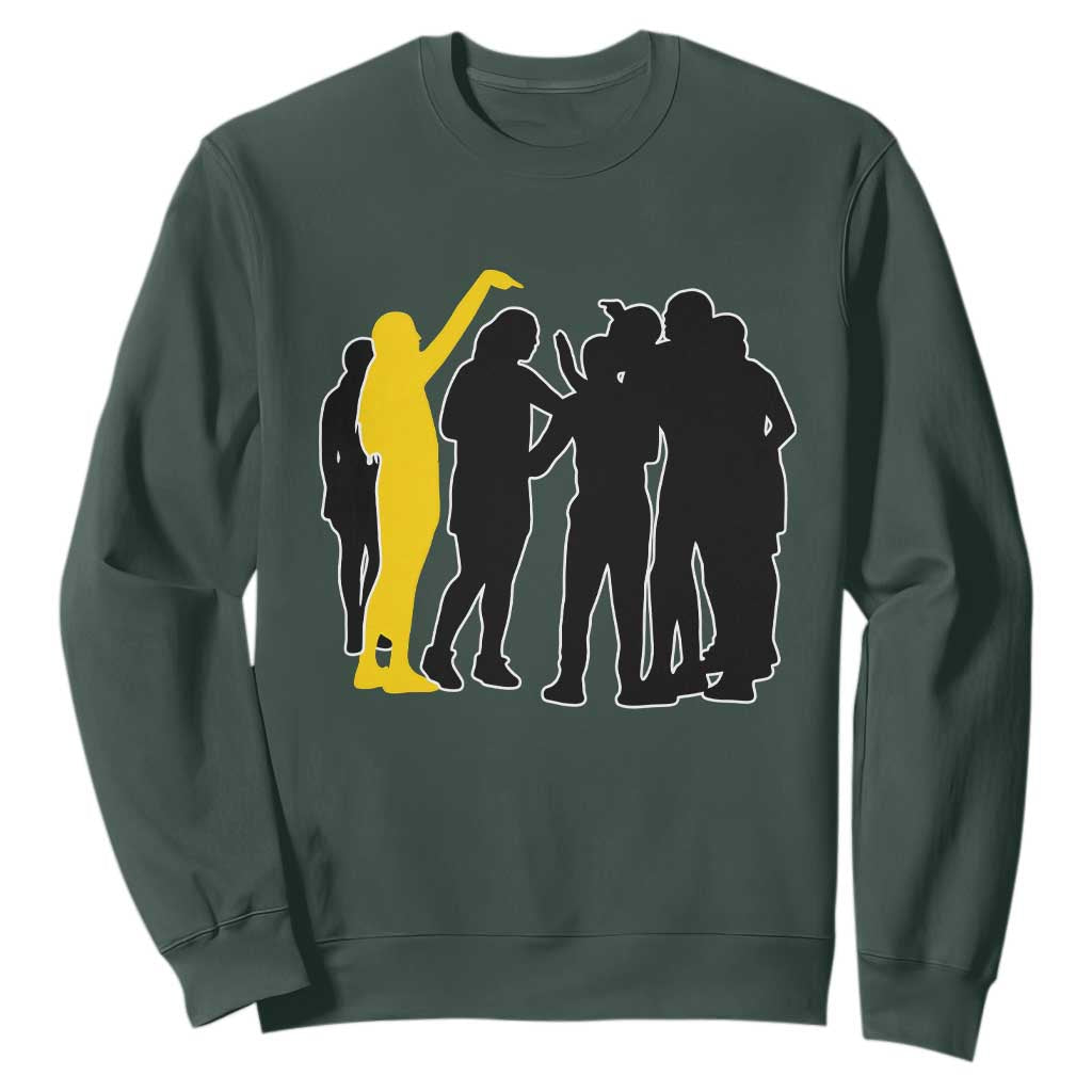 Viral Basketball Pointing Huddle Sweatshirt Funny Women Sports Culture Meme Yellow Silhouette Graphic TS02 Dark Forest Green Print Your Wear