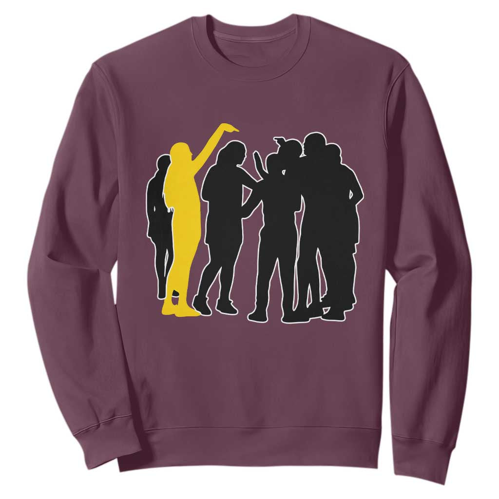 Viral Basketball Pointing Huddle Sweatshirt Funny Women Sports Culture Meme Yellow Silhouette Graphic TS02 Maroon Print Your Wear