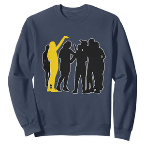 Viral Basketball Pointing Huddle Sweatshirt Funny Women Sports Culture Meme Yellow Silhouette Graphic TS02 Navy Print Your Wear