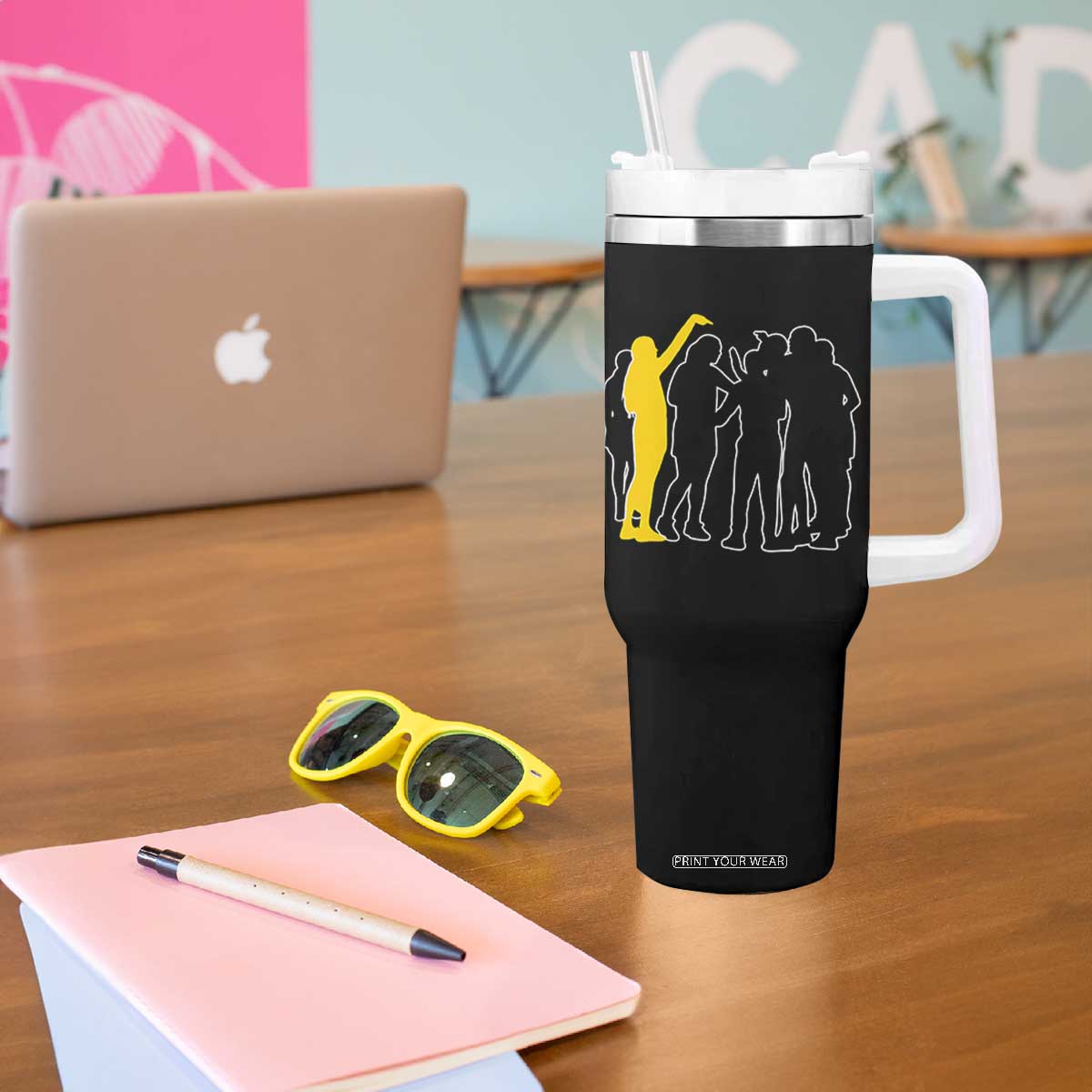 Viral Basketball Pointing Huddle Tumbler With Handle Funny Women Sports Culture Meme Yellow Silhouette Graphic TS02 Print Your Wear