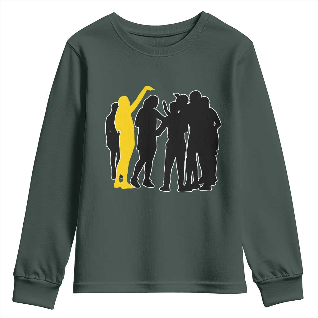 Viral Basketball Pointing Huddle Youth Sweatshirt Funny Women Sports Culture Meme Yellow Silhouette Graphic TS02 Dark Forest Green Print Your Wear