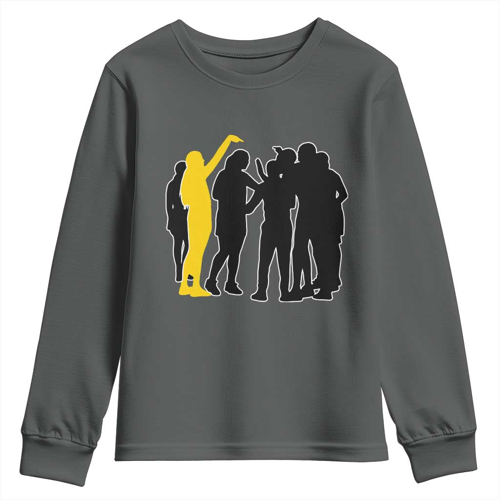 Viral Basketball Pointing Huddle Youth Sweatshirt Funny Women Sports Culture Meme Yellow Silhouette Graphic TS02 Dark Heather Print Your Wear