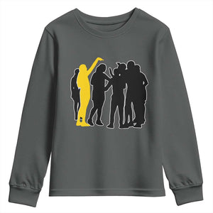 Viral Basketball Pointing Huddle Youth Sweatshirt Funny Women Sports Culture Meme Yellow Silhouette Graphic TS02 Dark Heather Print Your Wear
