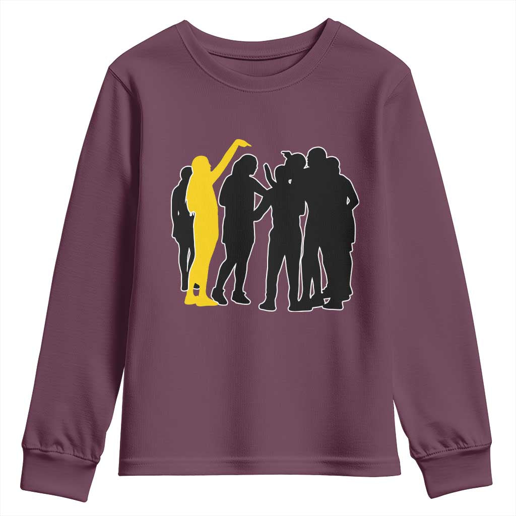 Viral Basketball Pointing Huddle Youth Sweatshirt Funny Women Sports Culture Meme Yellow Silhouette Graphic TS02 Maroon Print Your Wear